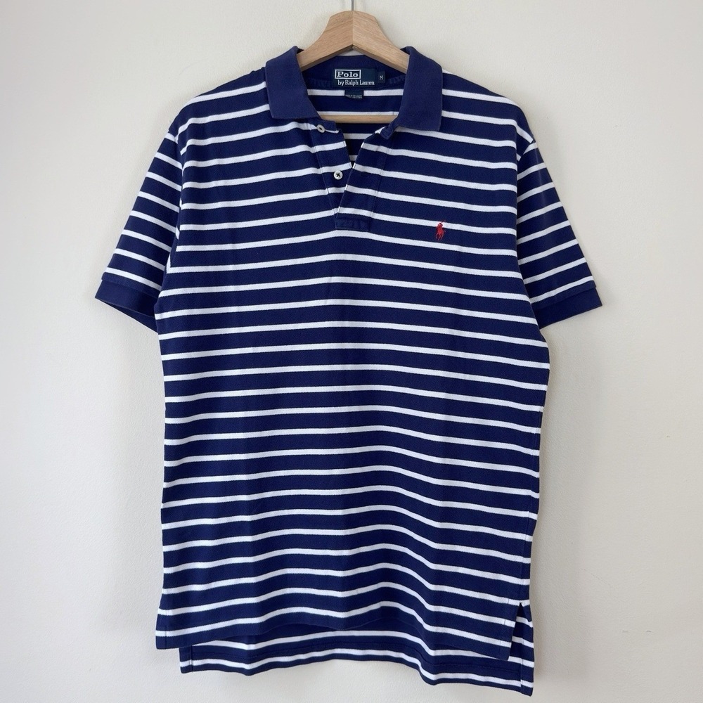 Vintage Polo Ralph Lauren Men's Blue White Striped Short Sleeve Cotton Tee Shirt